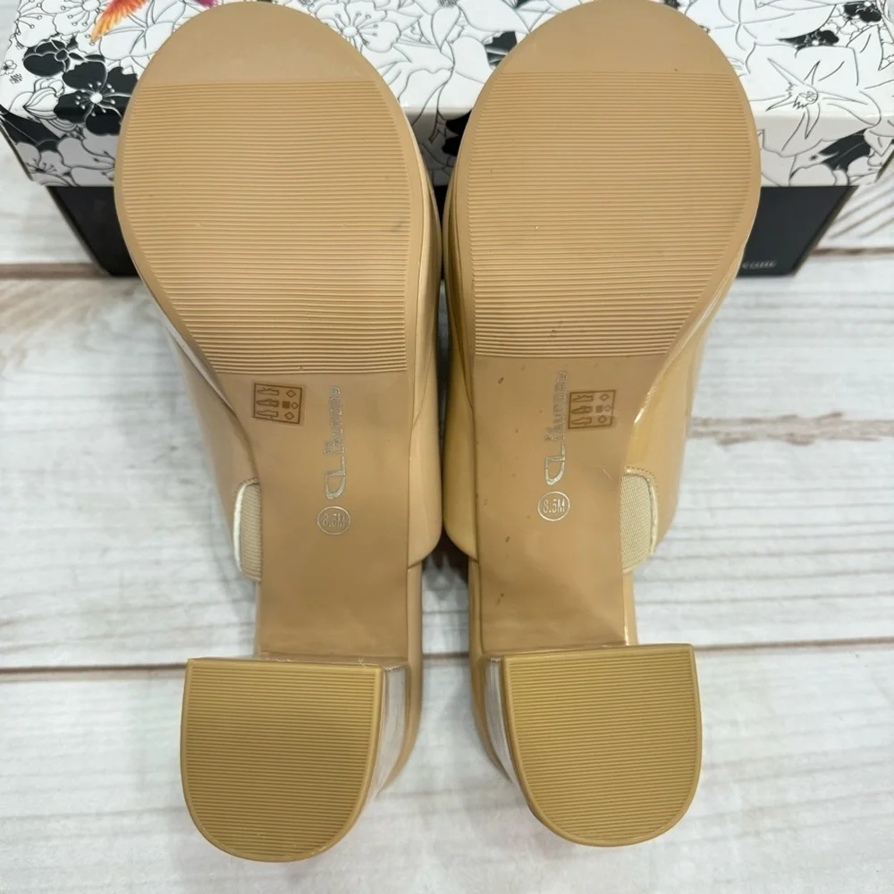 Chinese Laundry NEW Tan Faux Patent Leather Block Heel Slip On Open Toe Mules